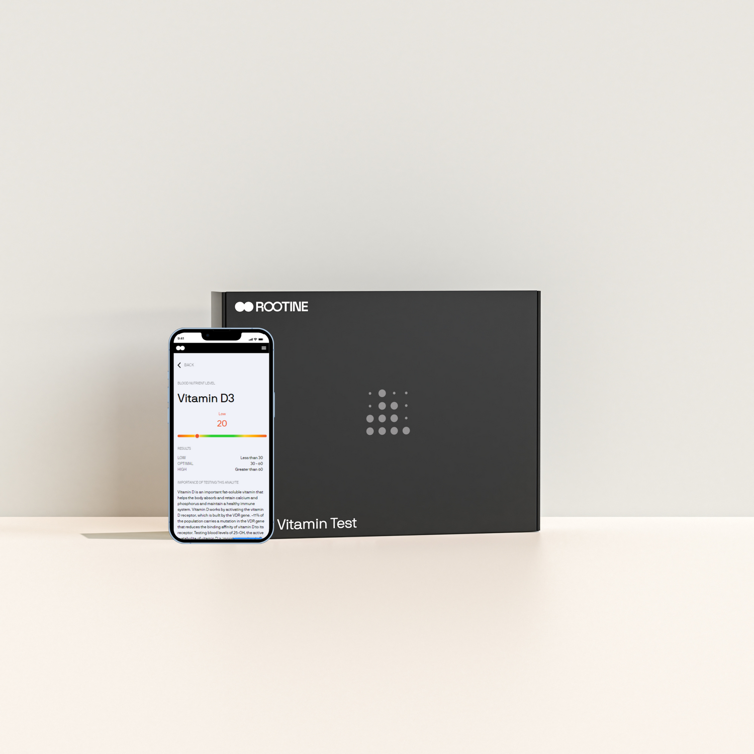 Rootine's Vitamin Test Kit with phone displaying insights