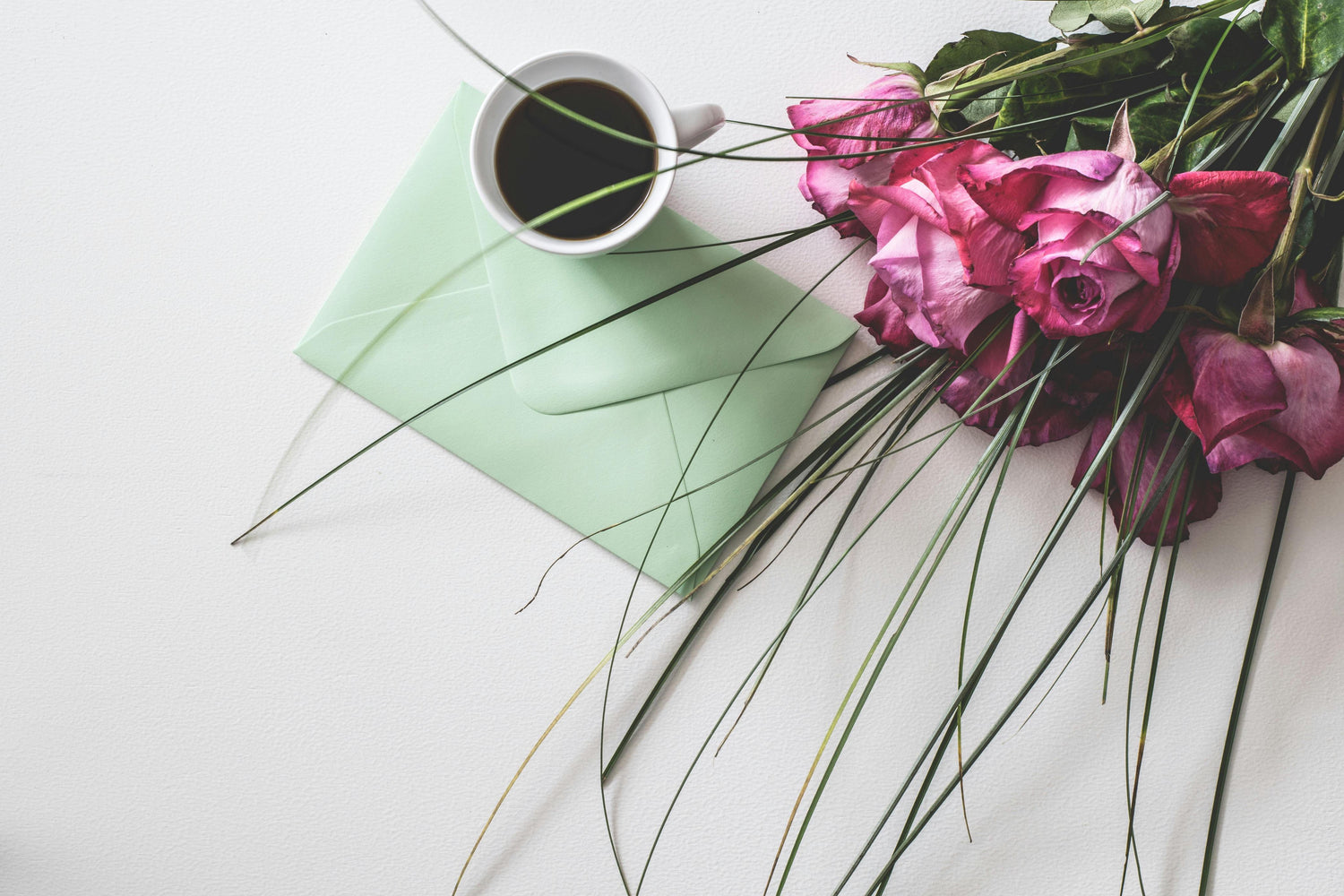 coffee, card and flowers