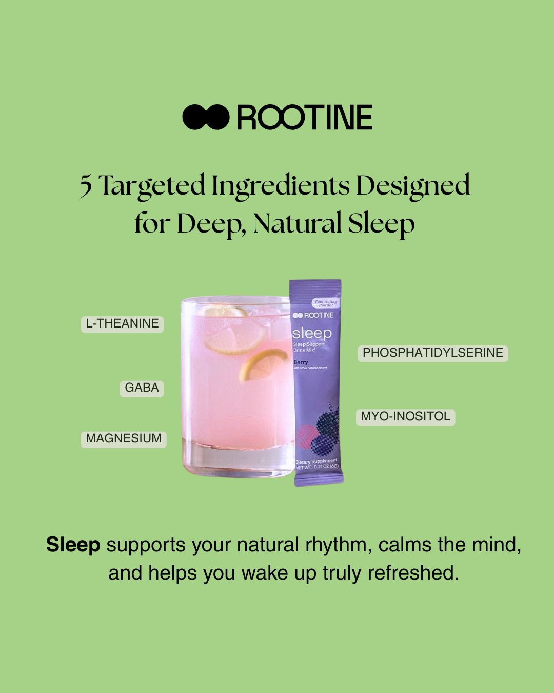Advertisement for Rootine sleep supplement with product and ingredients listed on a green background