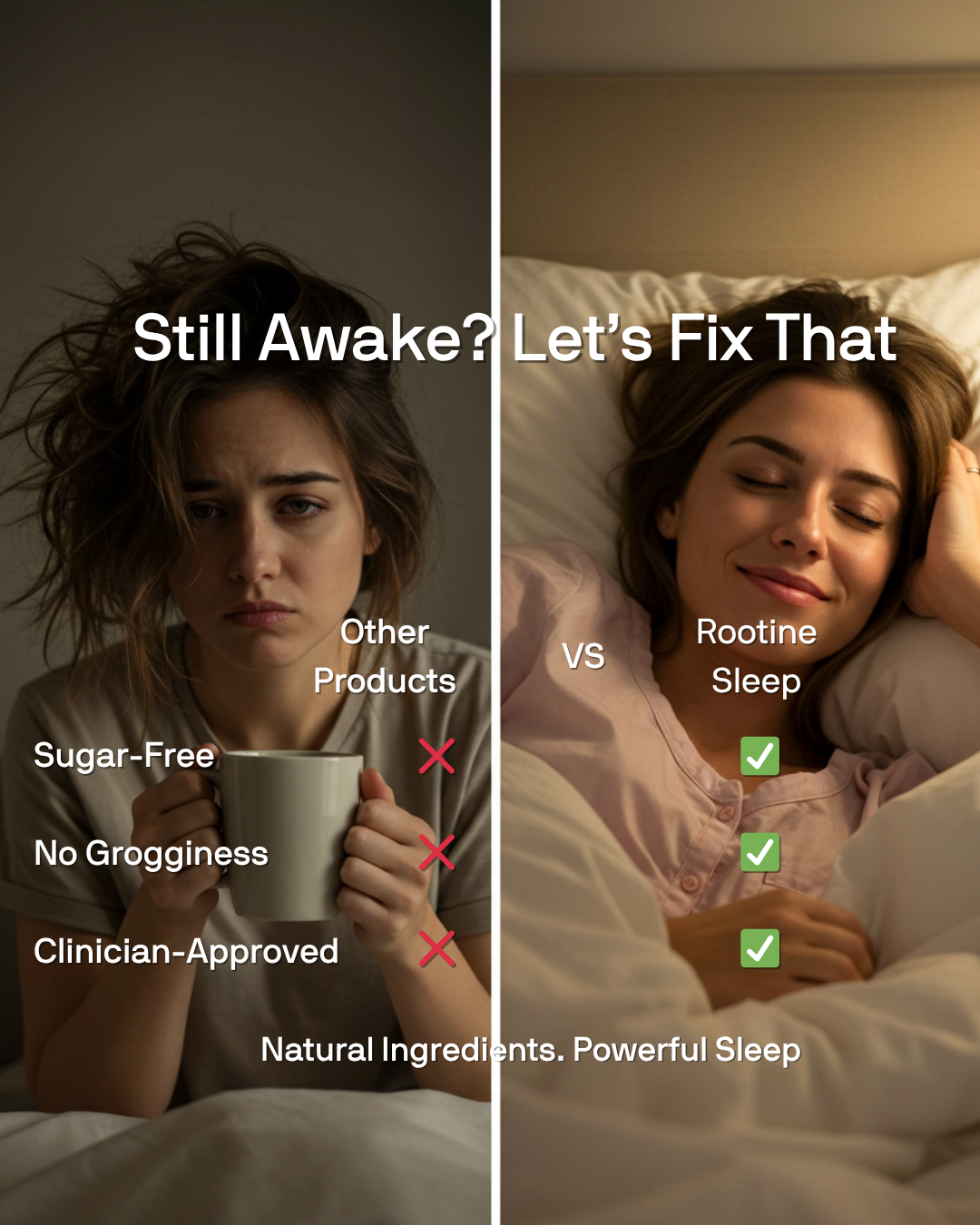 Advertisement for Rootine sleep supplement with product and benefits listed