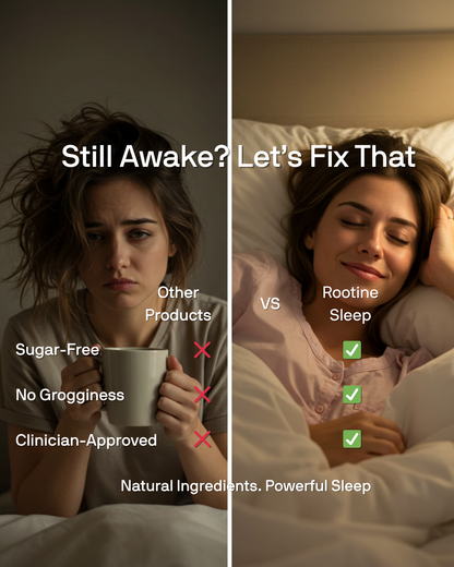 Advertisement for Rootine sleep supplement with product and benefits listed
